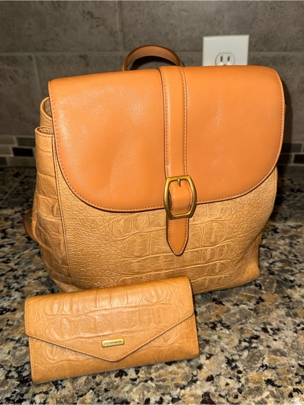 Croc-Embossed Tan Leather Backpack with Wallet Set